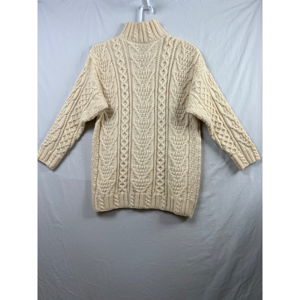 Inis Crafts Cable Knit Sweater Women M Tunic Cream Wool Aran Mock Neck Ireland